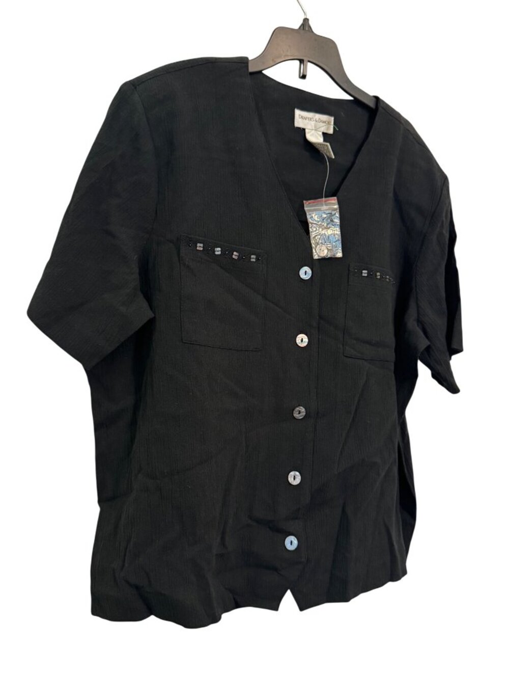 Drapers & Damons Black Button-Up Short Sleeve Top PL NWOT - Picture 2 of 7